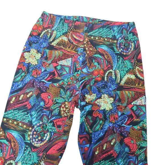 Vintage 80s Carlo Ferranti Blue Red Funky Print Sequin Beaded Leggings L - Picture 2 of 4